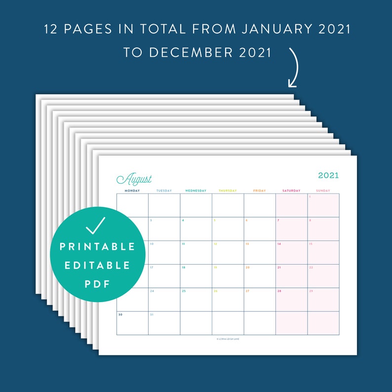 2021 Monthly Printable Editable Calendar Monthly 2021 | Etsy