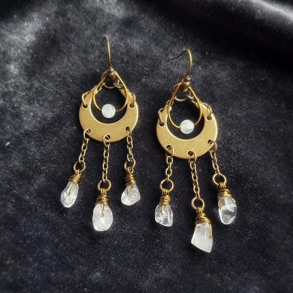 Earrings "Crystal Witch" with rock crystal and selenite, brass bronze crescent moon Lunula