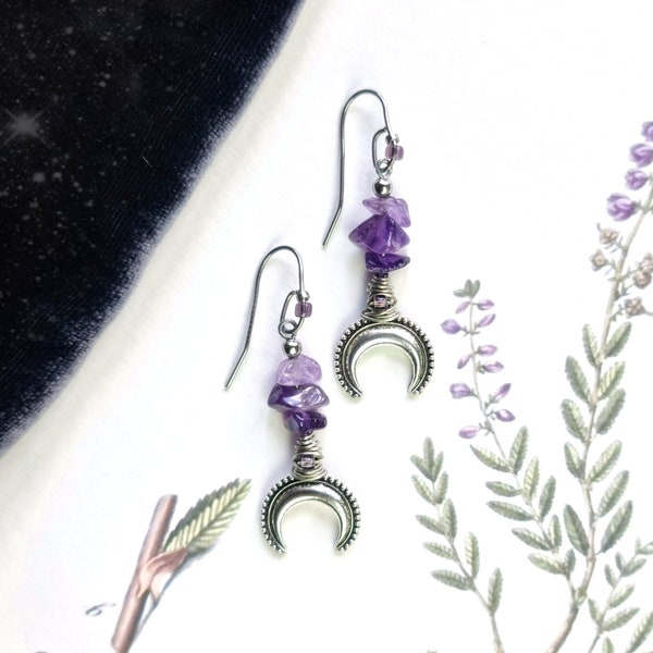 Earrings "Heather Witch" with Amethyst and Crescent Moon Silver Lunula