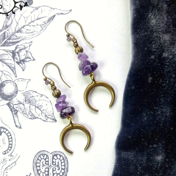 Earrings "Nightshade Witch" with Amethyst and Crescent Moon Bronze Lunula