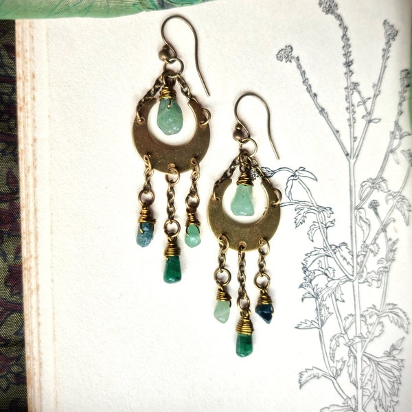 Earrings "Moss Witch" with Aventurine and Moss Agate, Crescent Moon Lunula