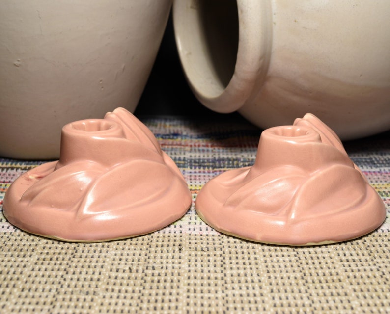 Vintage McCoy Pottery Matte Pink 5 14 Lily Bud Line candle holders c1940s