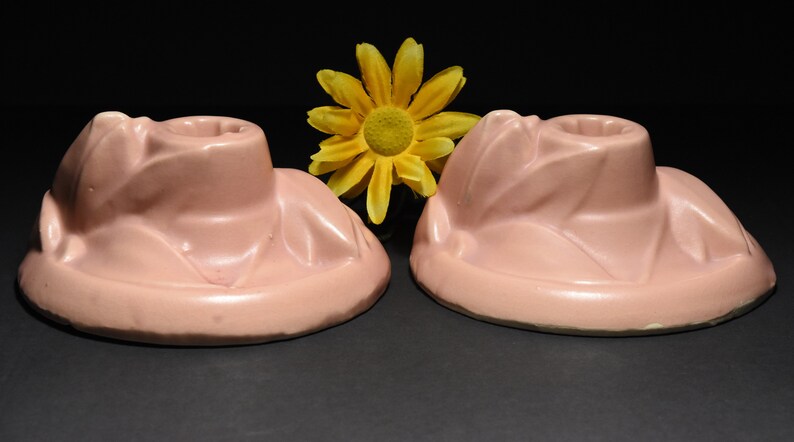 Vintage McCoy Pottery Matte Pink 5 14 Lily Bud Line candle holders c1940s
