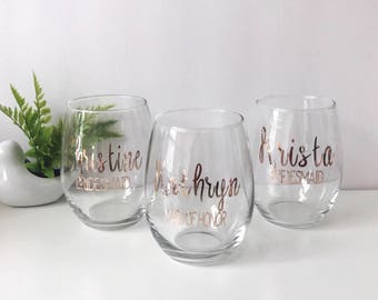 Personalized Stemless Wine Glass | Name + Title | Bridal Party Wine | Maid of Honor + Bridesmaid Wine Glasses