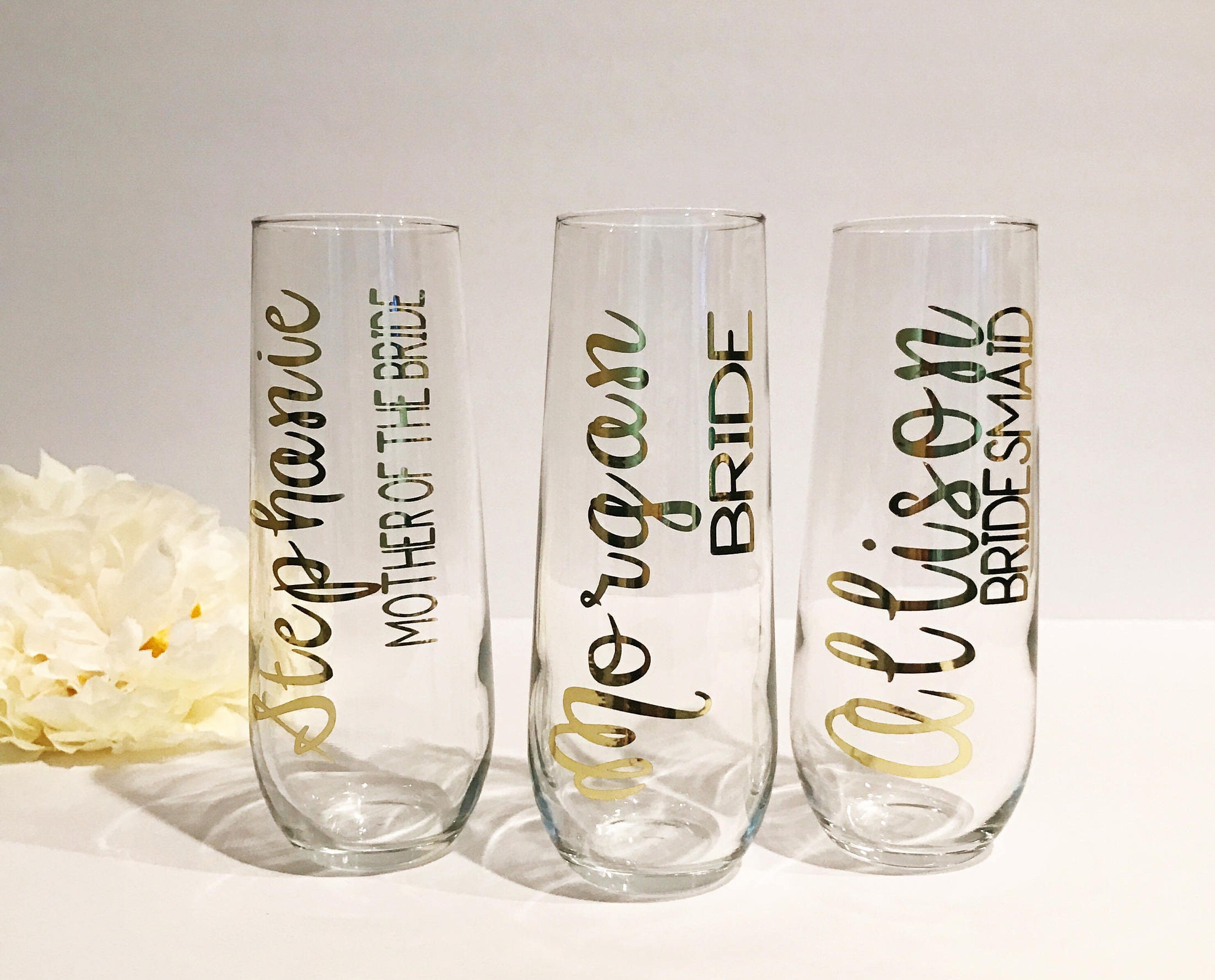 Personalized Stemless Champagne Flutes Name Title Bridal Etsy