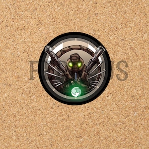 May include: A circular sticker with a black border and a white background. The sticker features a cartoon illustration of a green-eyed creature with a camouflage pattern, holding two guns and surrounded by spikes. The creature is holding a green orb with a white swirl.
