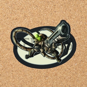 May include: A black and green cartoon character holding a large gun, with a camouflage pattern, in a circular frame.