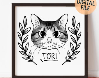 Tattoo style custom pet portrait | Personalized cat drawing from photo | Unique gift idea for a cat lover | Black and white wall art