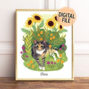 Custom pet portrait - floral background drawing of your pets - cat or dog lover gift idea - printable wall art