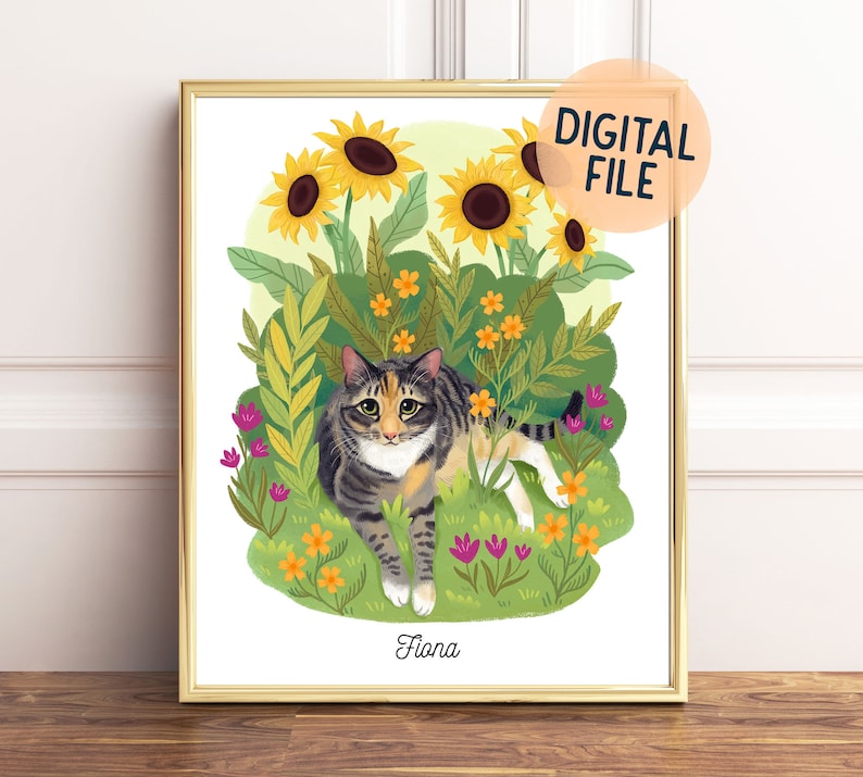 Custom pet portrait floral background drawing of your pets cat or dog lover gift idea printable wall art image 1