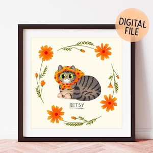 Babushka style pet portrait / cat or dog drawing / gift for pet parent