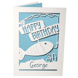 Fishing themed birthday card for ANY AGE, personalised name & age, papercut design - 18th, 21st, 30th, 40th, 50th, 60th, 70th birthday card