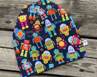 Reversible/ Slouchy Beanie/ Robots/ Blue/ boy/ girl hat /slouchy hat/ beanie/ baby hat/toddler hat/beanie hat/ hipster beanie