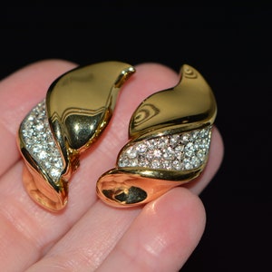 Vintage Oscar de la Renta Large Gold Tone Clear Rhinestone Clip on Earrings, Gifts for Her,  Mother&#39;s Day, Gift for Mother Day.