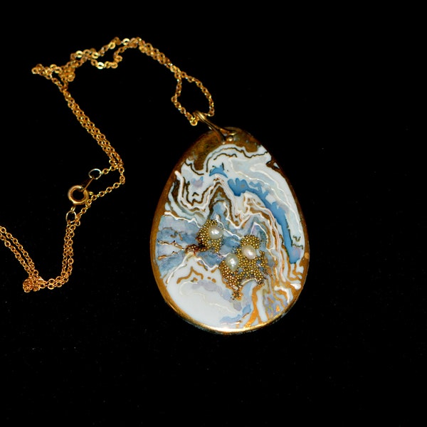 Vintage Designer Сeramic Сoated Pendant on a Chain, Gift for Women, Gift-for-Her, Vintage Necklace.
