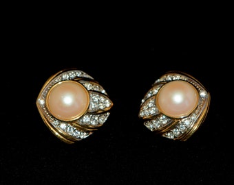 Vintage Nina Ricci Gold Tone Pearl Rhinestone Clip on Earrings, Gifts for Her, Gifts for Women.