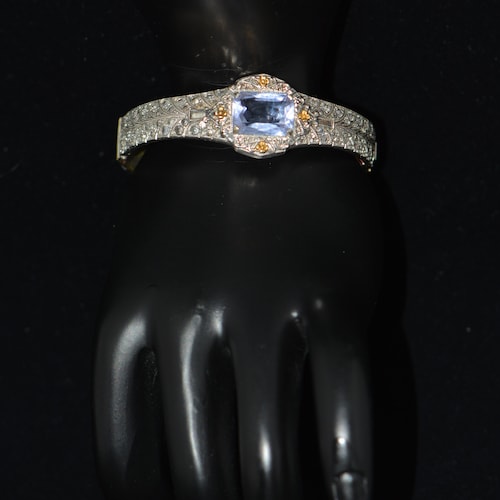 Vintage Art Deco ALLCO Blue Rhinestones Rhodium Plated Bangle BRACELET 1920s Hinged, shops Gifts for Women, Gifts for Her.