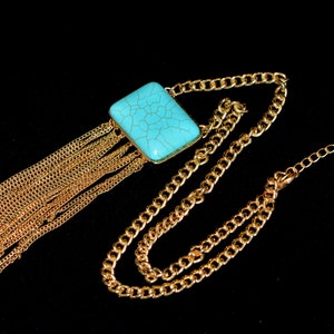 Vintage Gold Tone Chain Faux Turquoise Tassel Necklace, Gifts-for-Her, Gifts for Women. Mother's Day, Gift for Mother Day.