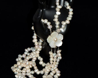 Vintage Carved Mother of Pearl Flower Accent Hidden Clasp Multi-Strand White Fresh Water Pearl Necklace, Gifts for Women.