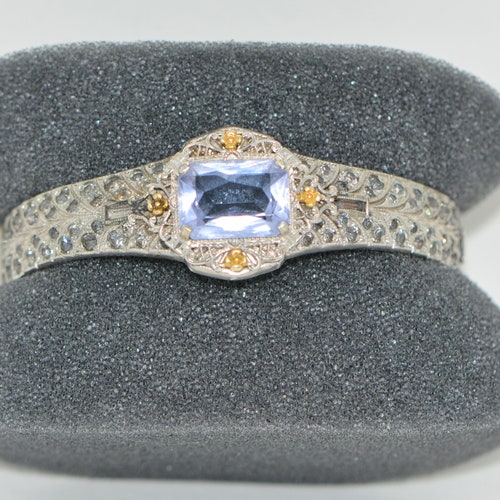 Vintage Art Deco ALLCO Blue Rhinestones Rhodium Plated Bangle BRACELET 1920s Hinged, shops Gifts for Women, Gifts for Her.