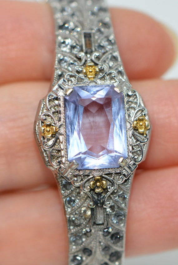 Vintage Art Deco ALLCO Blue Rhinestones Rhodium Pl