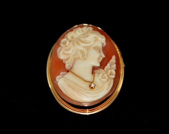 Vintage 14k Gold Shell Cameo Brooch/Pendant Diamond Accent, Gifts for Women, Gifts for Her.