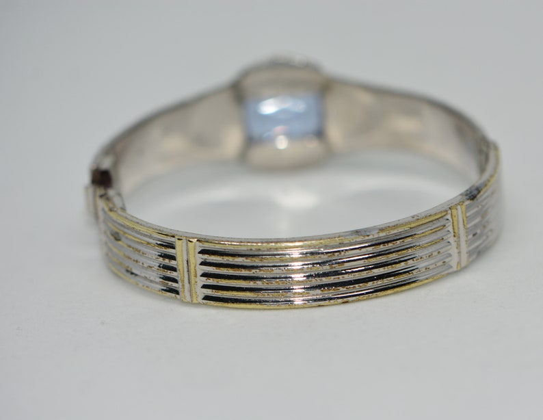 Vintage Art Deco ALLCO Blue Rhinestones Rhodium Plated Bangle BRACELET 1920s Hinged, Gifts for Women, Gifts for Her. image 10