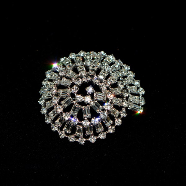 Vintage Unsigned Sherman Rhodium Plated Clear Rhinestones Domed Brooch/Pin, Gift-for-Her.