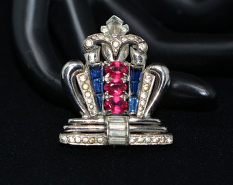 Art Deco 1930s Silver Tone Metal Ruby/Sapphire/Clear Rhinestones Crown Brooch/Pin, Gifts for Women, Gifts for Her, Christmas gifts for her.