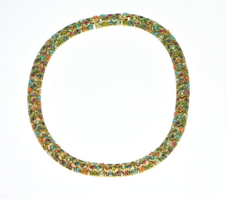 Statement Necklace Vintage 70s Jewelry Gifts Gift-for-Her. Magnificent Vintage Multi color Beads Rhinestones Choker Necklace