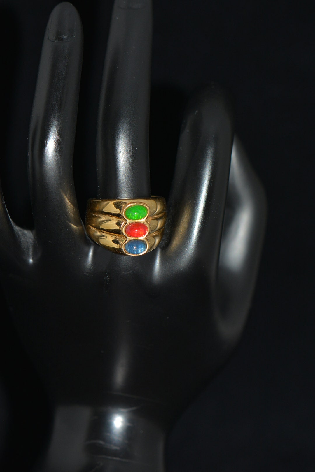 Vintage ESPO Gold Electroplated Ring, Faux Ruby Emerald Sapphire, Size ...
