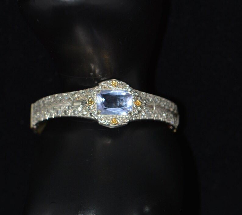 Vintage Art Deco ALLCO Blue Rhinestones Rhodium Plated Bangle BRACELET 1920s Hinged, shops Gifts for Women, Gifts for Her.