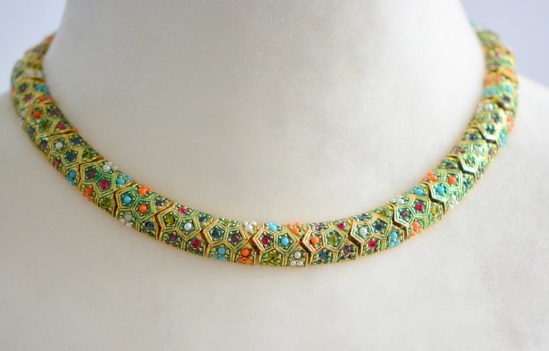 Statement Necklace Vintage 70s Jewelry Gifts Gift-for-Her. Magnificent Vintage Multi color Beads Rhinestones Choker Necklace