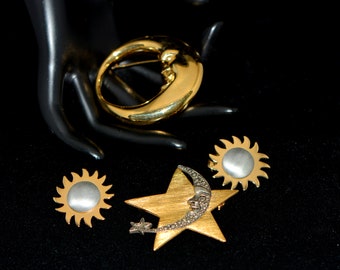 Vintage Moon/Star Brooches and Sun Clip On Earrings, Gifts for Her, Gifts for Women, Christmas gifts for her.