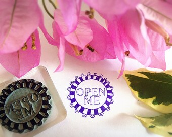 Flower Open Me Stamp ~ round packaging rubber stamp, circular parcel stamp, gift cards, hanging tags, pretty envelopes, decorative stamps