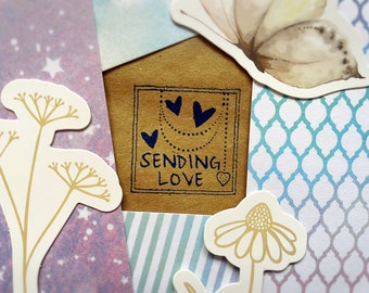 Sending Love Decorative Stamp ~ stamp with hearts, square shaped, heart necklace ephemera stamp, mailing stamp, packaging greeting stamp