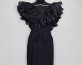 1950s Oleg Cassini black silk crepe organza ruffle dress, rare Camelot era couture LBD little black dress, Grace Kelly Audrey Hepburn style