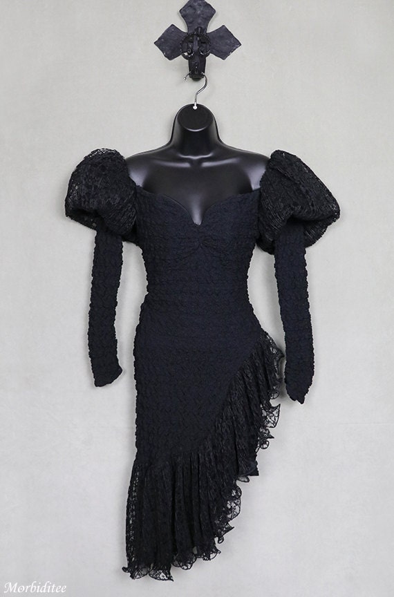 1980s black dress, stretch lace, avant garde, goth