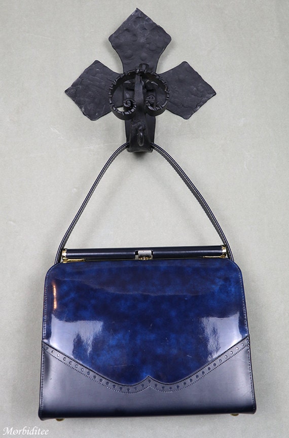 1950s Kelly handbag, bag purse, marbled blue vinyl