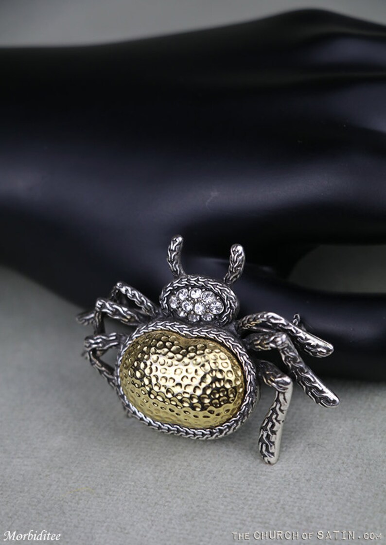 big size insect pin Vintage spider brooch rhinestones crystals gold tone goldtone silver tone metal