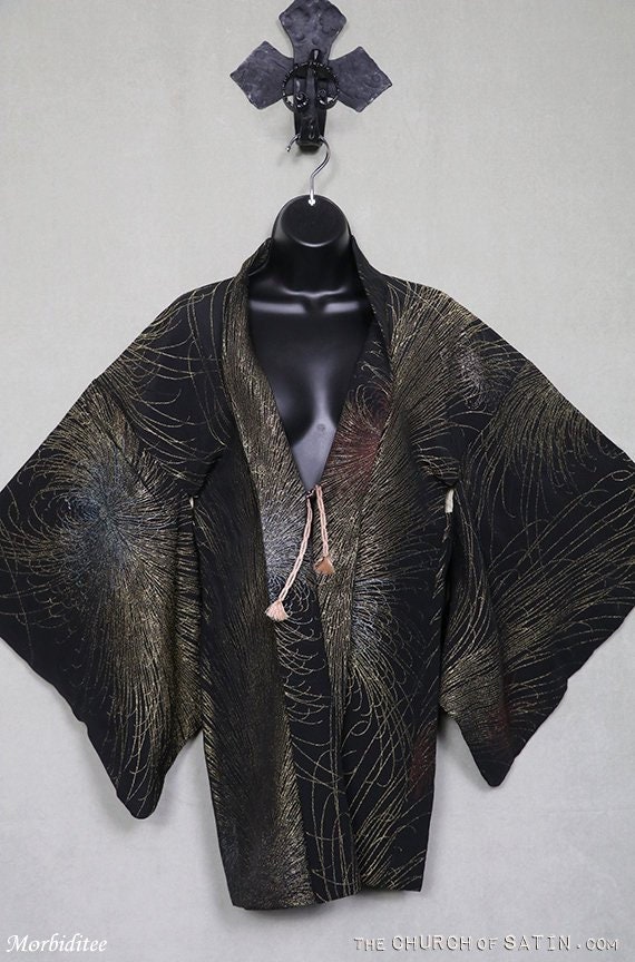 Vintage silk Haori kimono, black gold silver metal