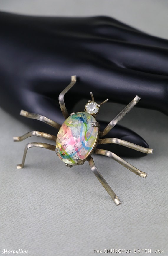 Antique glass spider brooch, vintage art glass jew