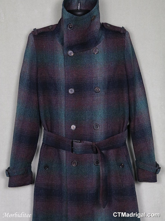 Mens Burberry Plaid Wool Coat Leather Trimmed Long Overcoat - Etsy
