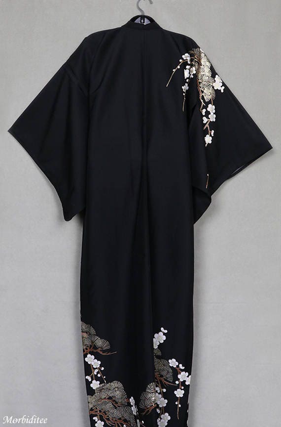 Vintage black silk kimono robe or coat or dressing gown | Etsy