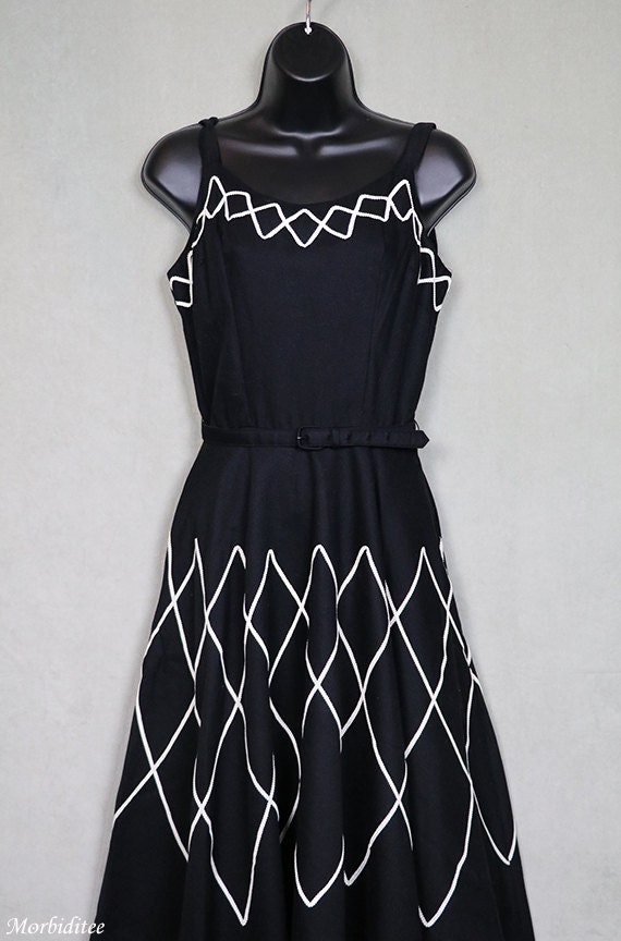 1950s black white dress soutache trimmed cotton linen pique | Etsy