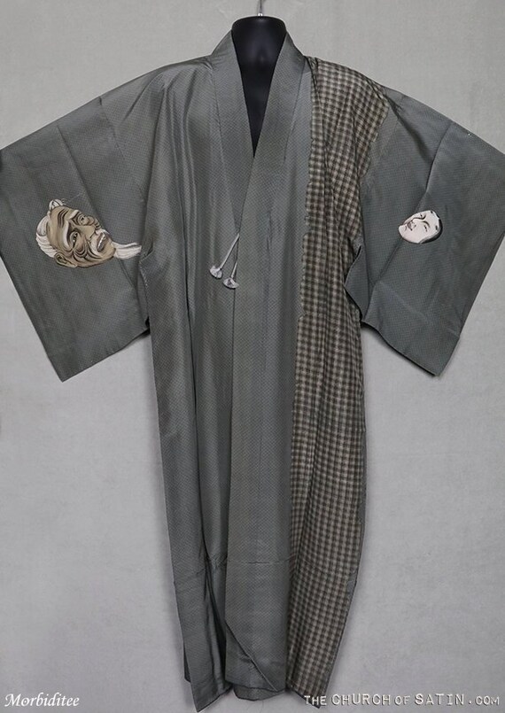 Antique silk devil mask kimono robe, mens dressing