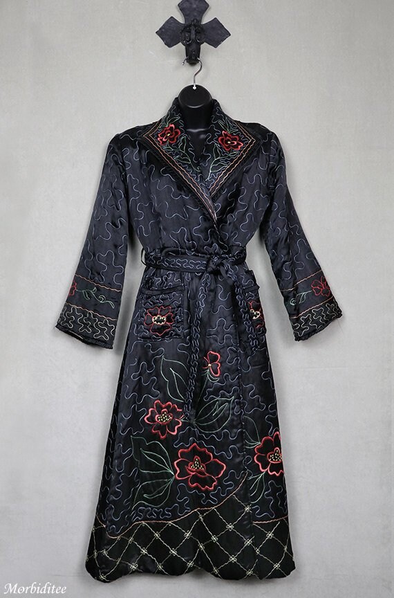 1940 heavily embroidered black satin robe, dressin