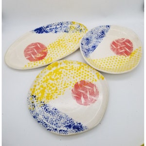 3 Hand Painted Signed  Art Pottery Glazed Ceramic Platters Serving Bowls