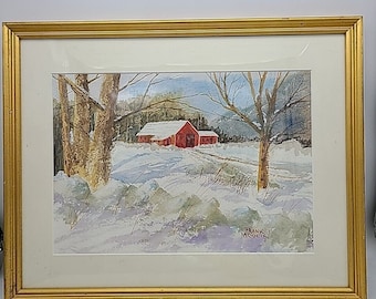 Frank Moulin Original Watercolor Painting Winter Landscape with Red Barn