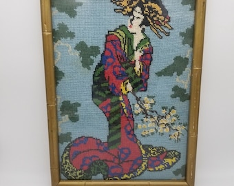 Asian Japanese Women Handmade Needlepoint Cross-stitch Embroidery Vintage